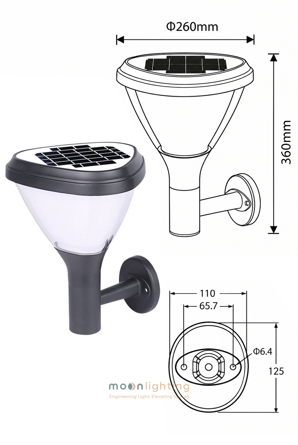 Bản vẽ kích thước chi tiết đường kính đĩa 260mm chiều cao 360mm chân đế 125mm của đèn gắn tường năng lượng mặt trời MG-SL1805 Moon Lighting