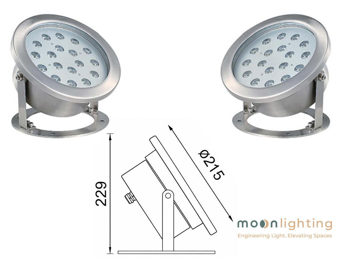 Thông số kỹ thuật bản vẽ kích thước D215 H229mm Đèn LED Âm Nước Có Đế MG-401-215-18W Moon Lighting