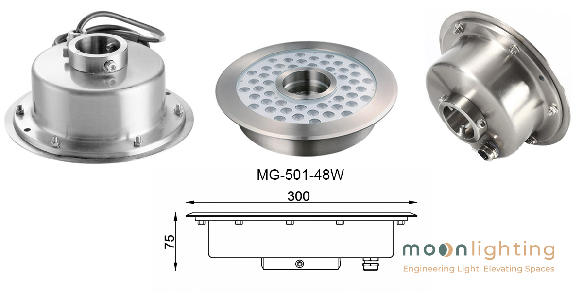 Thông số kỹ thuật bản vẽ kích thước D300mm lỗ khoét D80mm Đèn LED Âm Nước Đài Phun Nước Bánh Xe MG-501-48W Moon Lighting