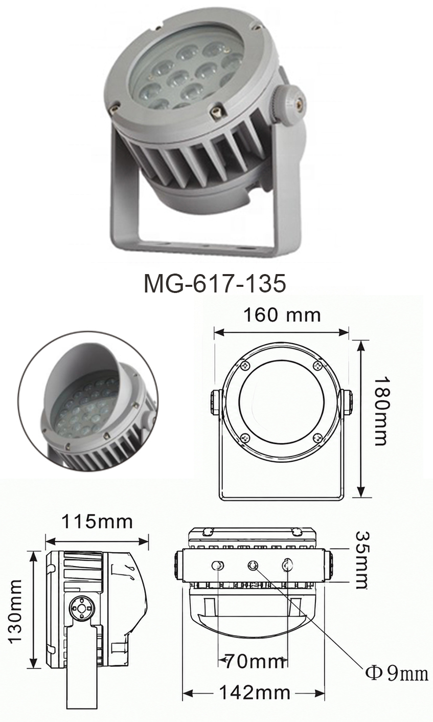 Bản vẽ kích thước chi tiết và thông số cơ khí model đèn LED pha Flood Light MG-617-135 công suất 9W - 12W chính hãng Moon Lighting