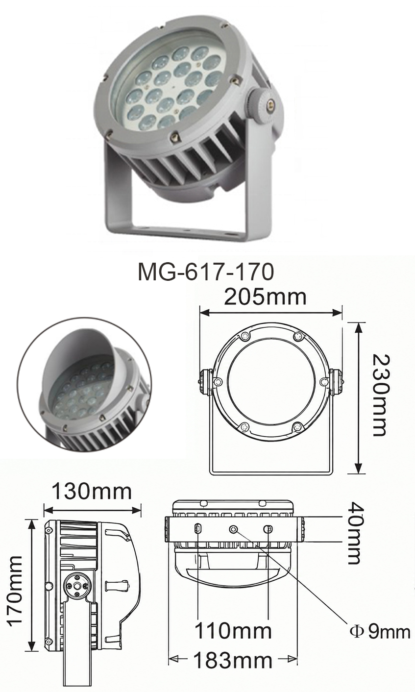 Bản vẽ kích thước chi tiết và thông số kỹ thuật model đèn LED pha Flood Light MG-617-170 công suất 18W - 24W chính hãng Moon Lighting