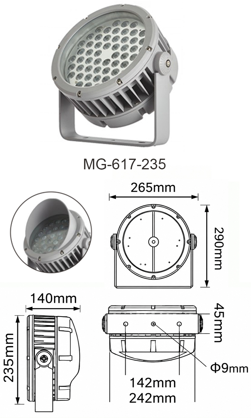 Bản vẽ kích thước chi tiết và thông số kỹ thuật model đèn LED pha Flood Light công suất lớn MG-617-235 chính hãng Moon Lighting