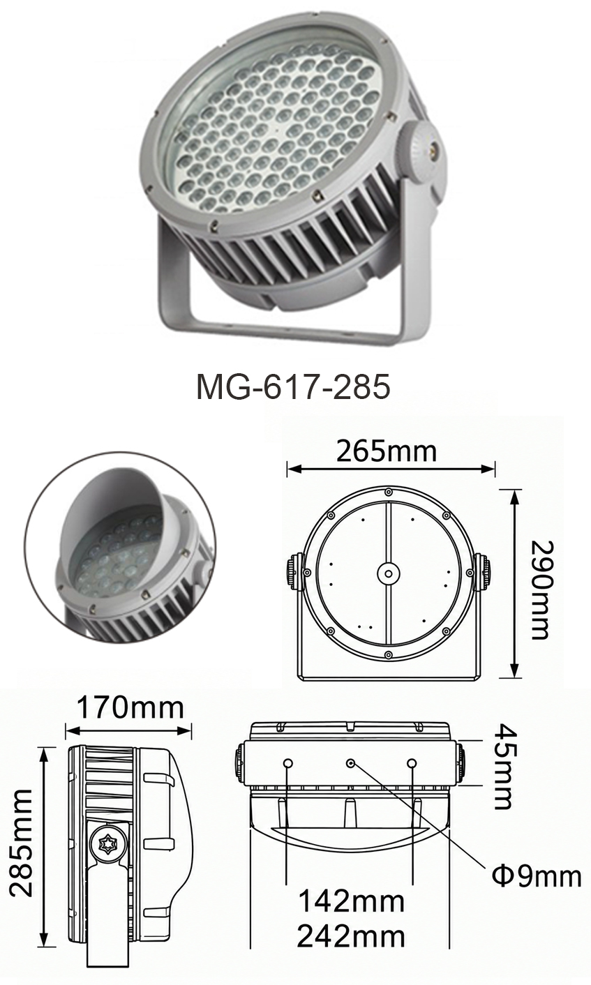 Bản vẽ kích thước chi tiết và thông số kỹ thuật model đèn LED pha Flood Light công suất cực lớn MG-617-285 chính hãng Moon Lighting