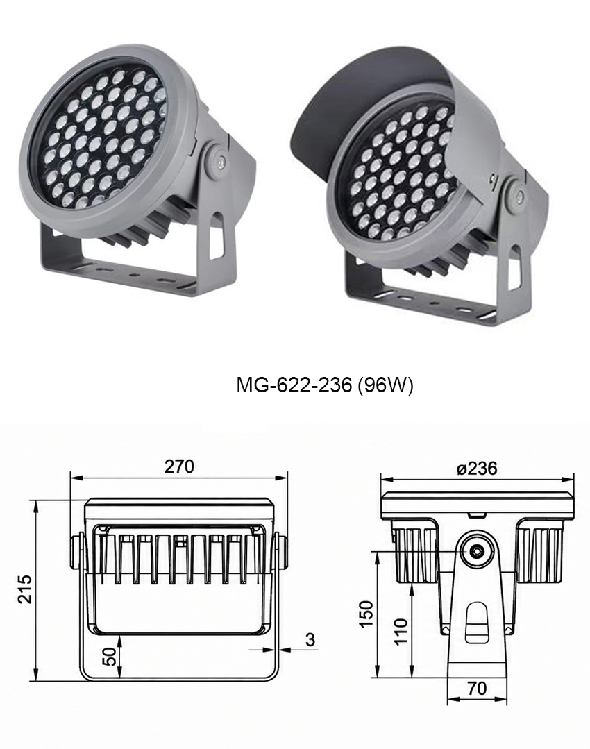 Bản vẽ kích thước chi tiết và thông số kỹ thuật đèn LED Project Flood Light công suất lớn MG-622-236 công suất 96W chính hãng Moon Lighting