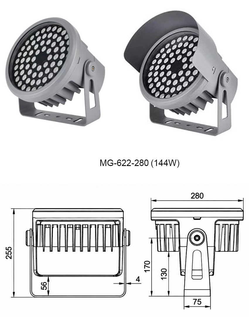 Bản vẽ kích thước chi tiết và thông số kỹ thuật đèn LED Project Flood Light công suất lớn MG-622-280 công suất 144W chính hãng Moon Lighting
