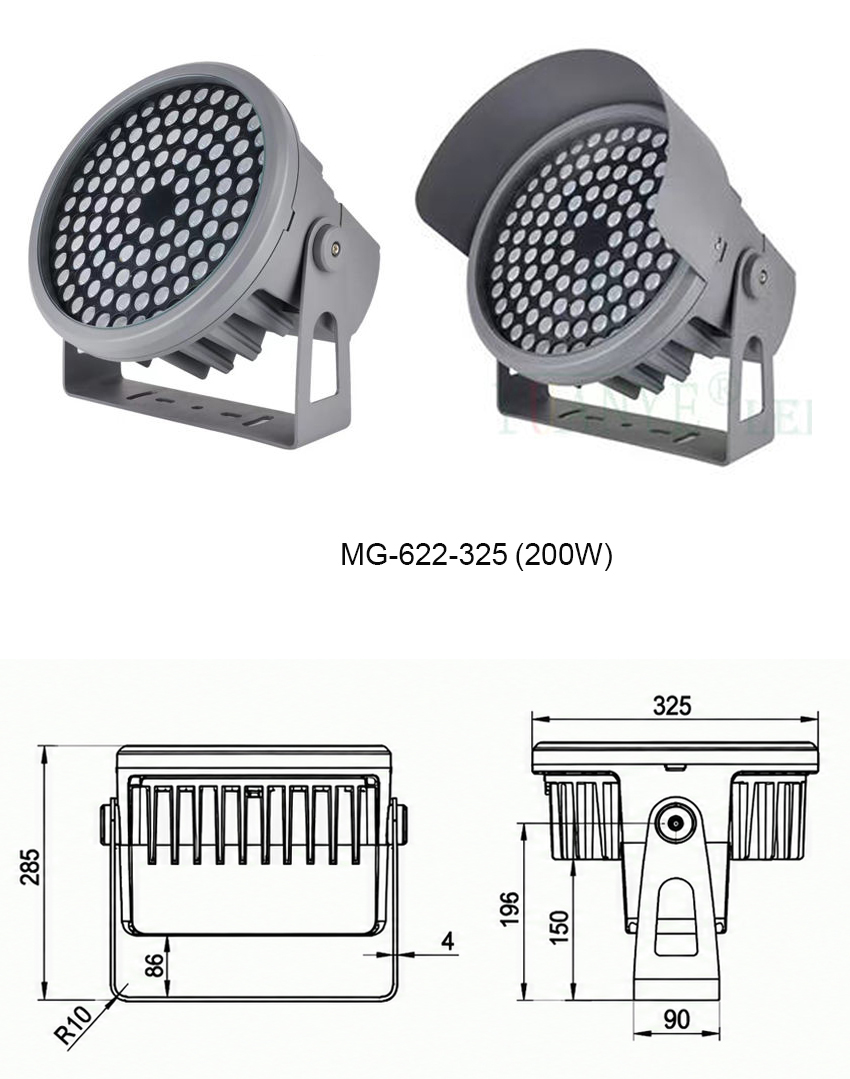 Bản vẽ kích thước chi tiết và thông số kỹ thuật đèn LED Project Flood Light công suất lớn MG-622-325 công suất 200W chính hãng Moon Lighting