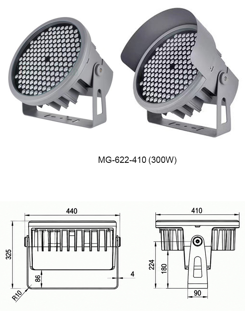 Bản vẽ kích thước chi tiết và thông số kỹ thuật đèn LED Project Flood Light công suất siêu lớn MG-622-410 công suất 300W chính hãng Moon Lighting