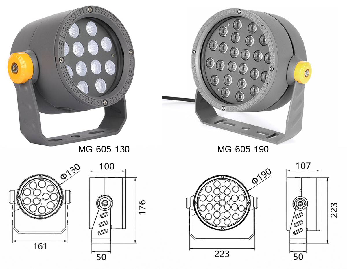 Bản vẽ kích thước mặt cắt chi tiết và kiểu dáng thiết kế các model MG-605-130 và MG-605-190 thuộc dòng đèn LED Project Light rọi điểm cảnh quan kiến trúc cao cấp Moon Lighting