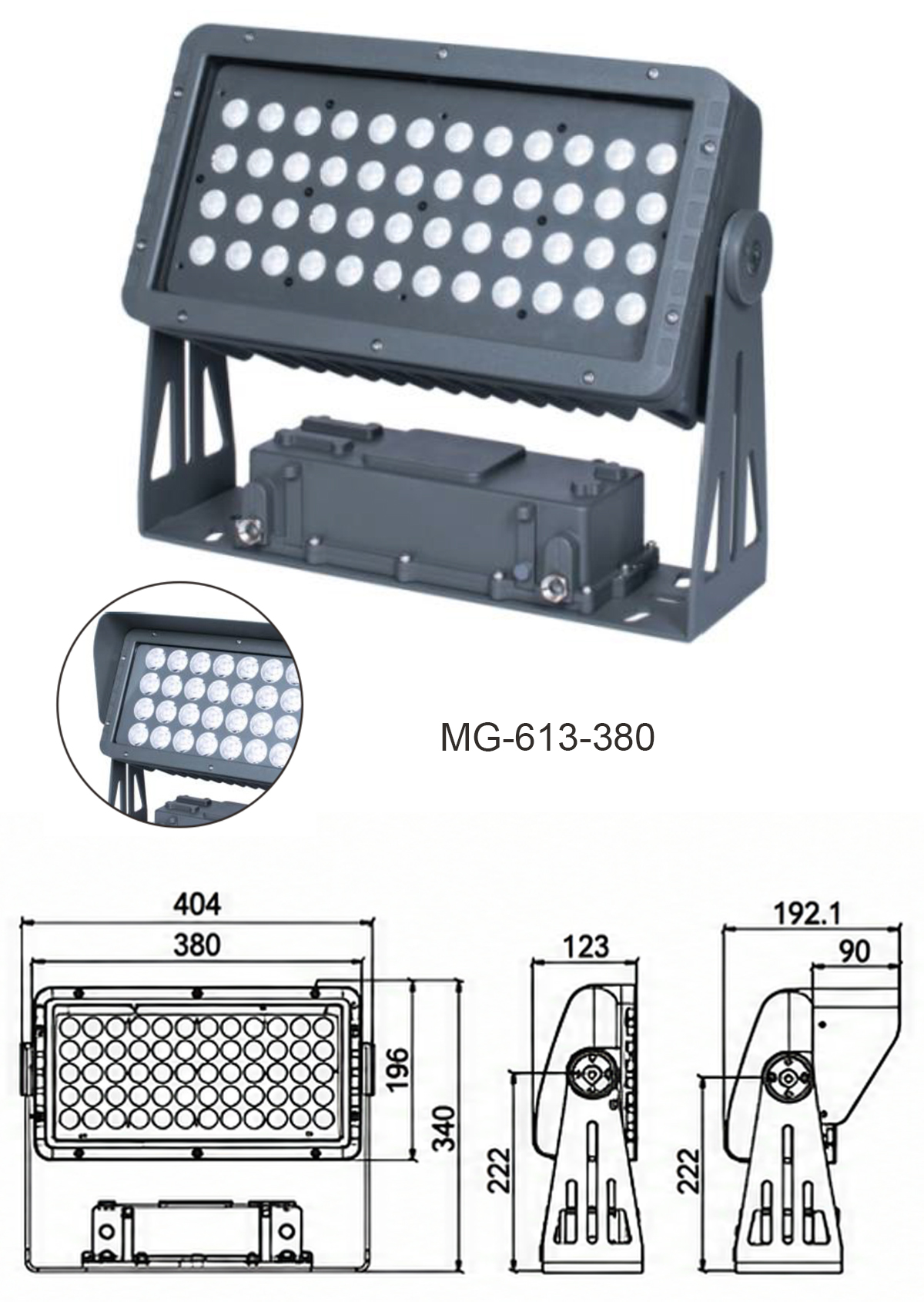Bản vẽ kích thước chi tiết, thông số cơ khí model đèn LED rọi kiến trúc công suất lớn MG-613-380 chính hãng Moon Lighting