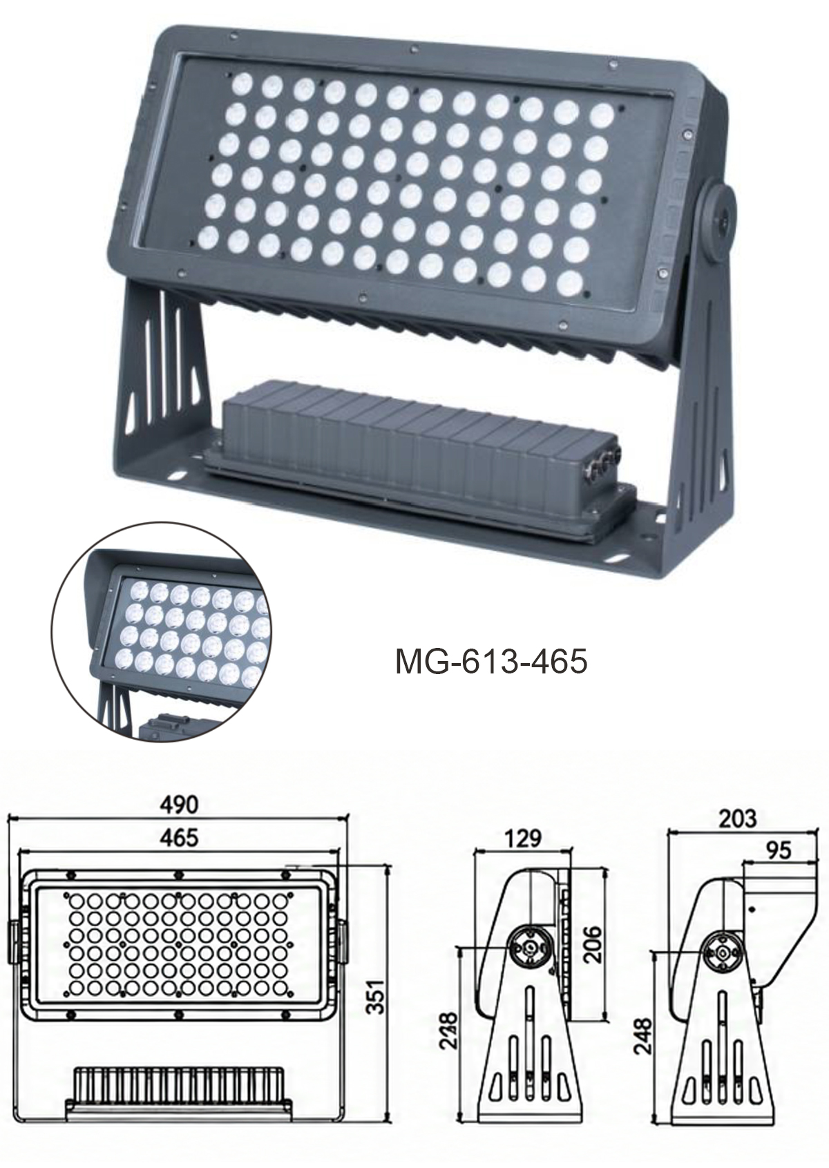 Bản vẽ kích thước đèn LED Project Light MG-613-465 Moon Lighting Bản vẽ kích thước cơ khí, thông số kỹ thuật model đèn pha LED rửa tường mặt tiền MG-613-465 chính hãng Moon Lighting