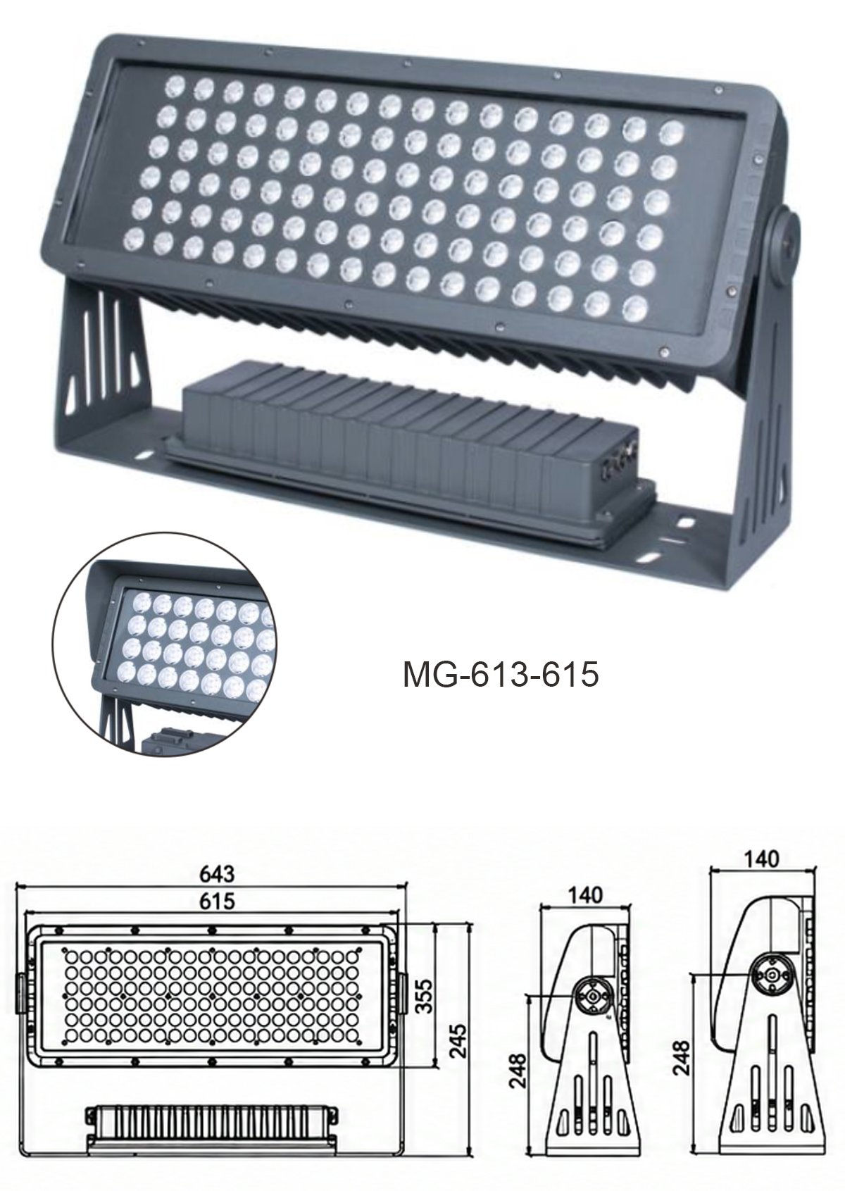 Bản vẽ kích thước chi tiết, thông số kỹ thuật model đèn LED rọi kiến trúc công suất siêu lớn MG-613-615 chính hãng Moon Lighting