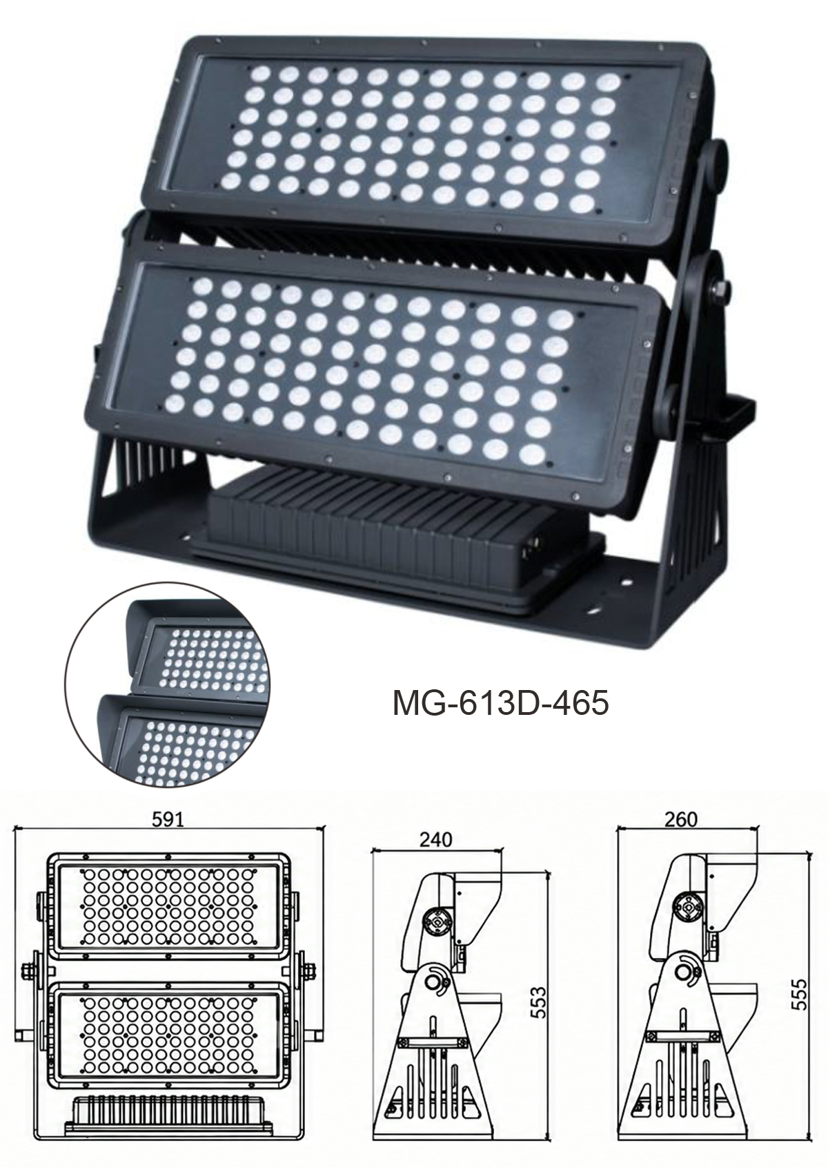 Bản vẽ kích thước chi tiết và thông số cơ khí model đèn LED rọi mô-đun đôi công suất 400W MG-613D-465 chính hãng Moon Lighting