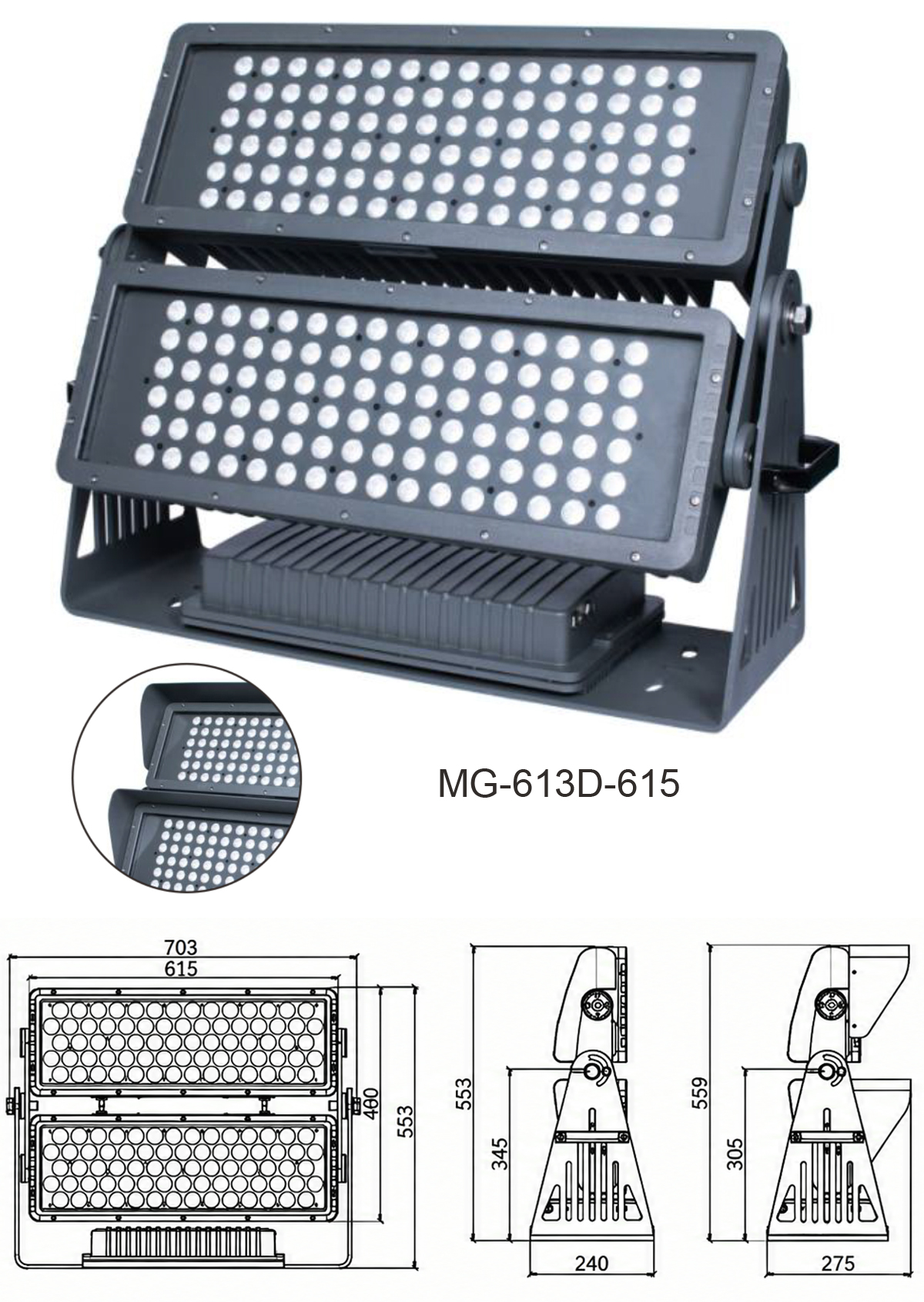 Bản vẽ kích thước chi tiết và thông số kỹ thuật model đèn LED rọi mô-đun đôi công suất cực đại 600W MG-613D-615 chính hãng Moon Lighting