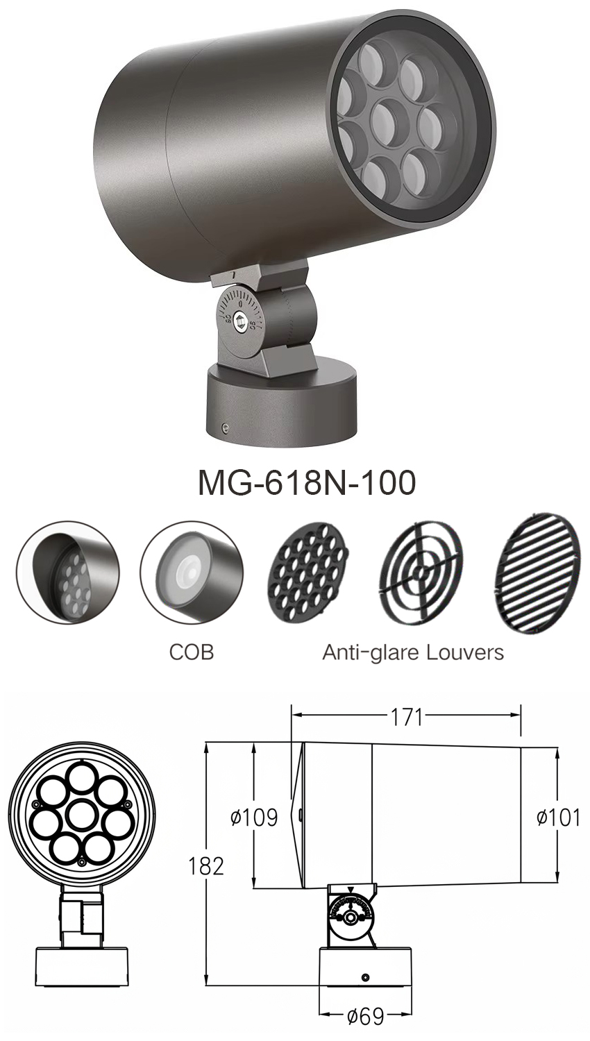 Bản vẽ kích thước chi tiết và thông số kỹ thuật đèn LED Project Flood Light MG-618N-100 chính hãng Moon Lighting