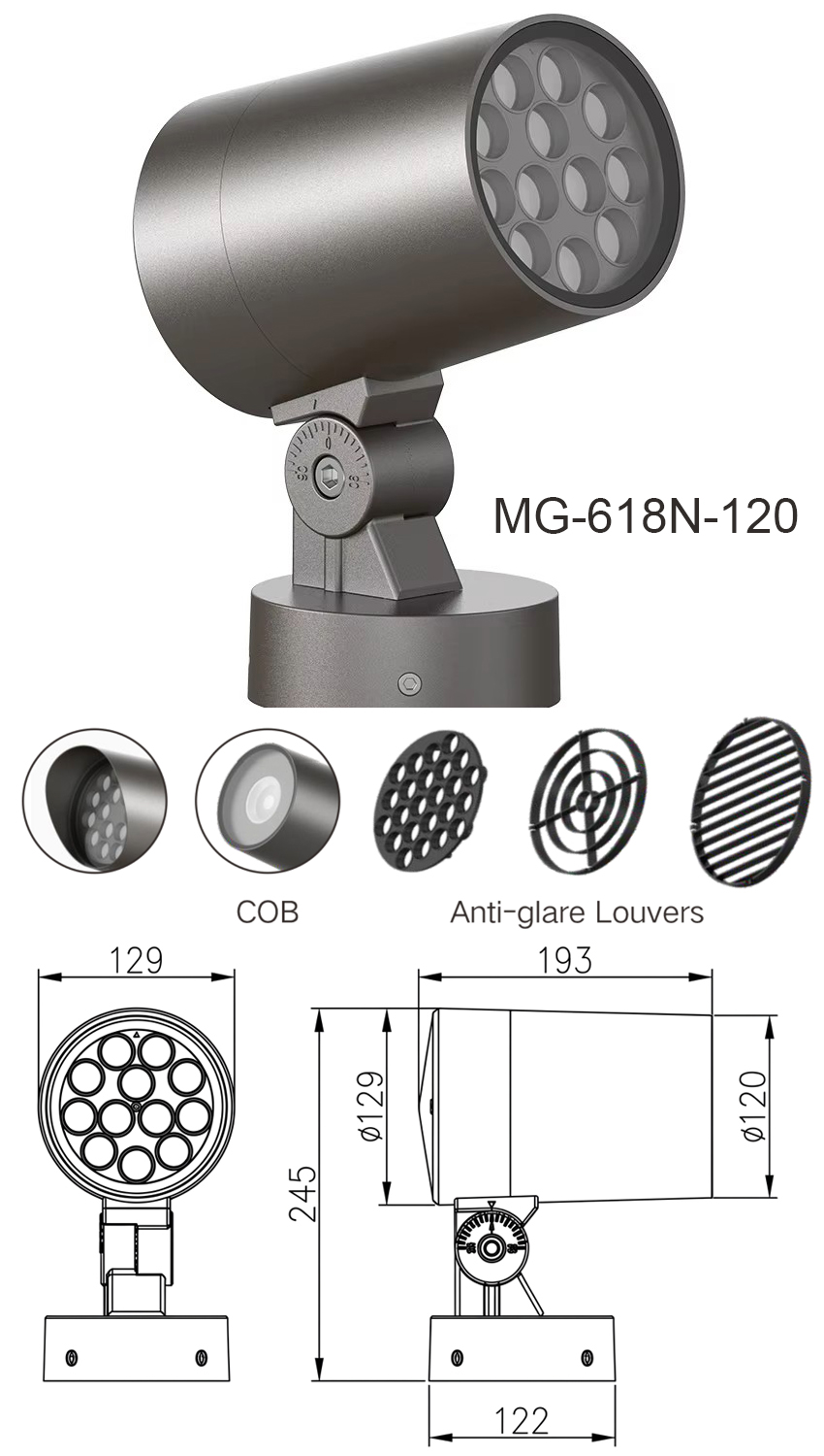 Bản vẽ kích thước chi tiết và thông số kỹ thuật đèn LED Project Flood Light MG-618N-120 chính hãng Moon Lighting