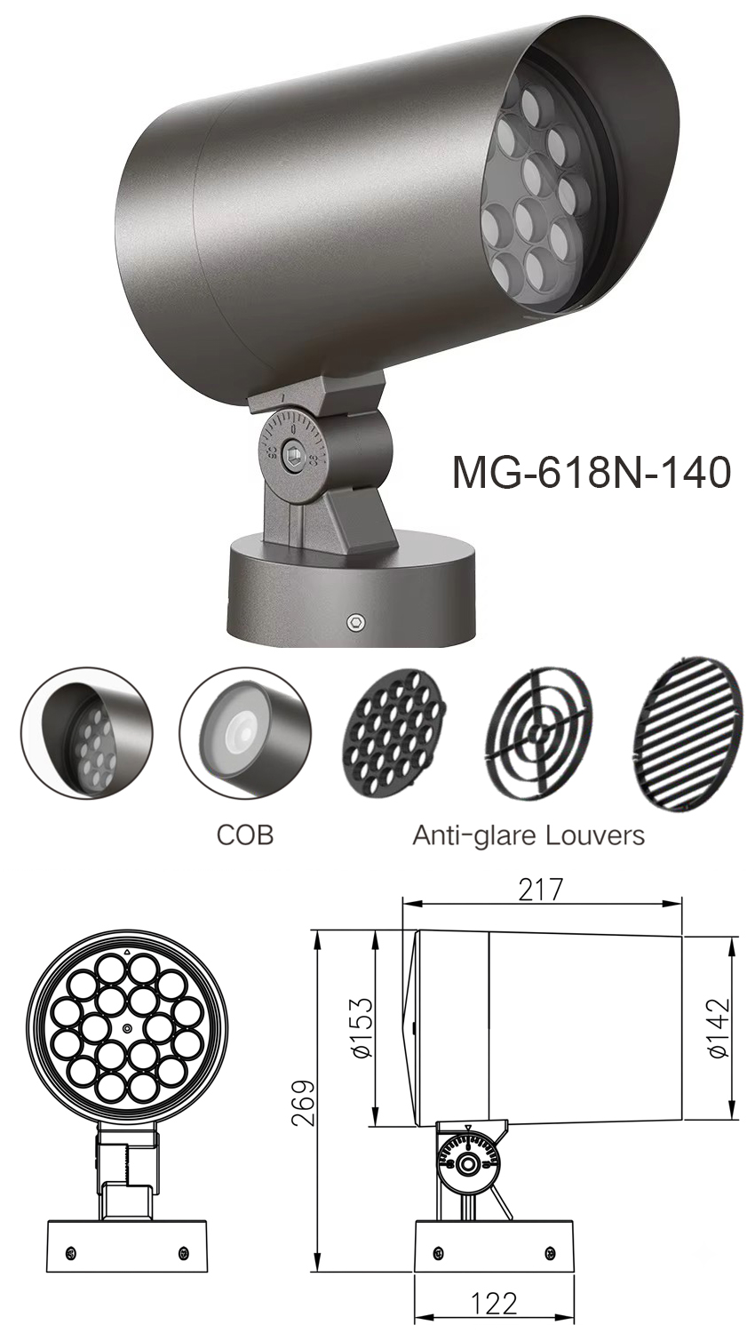 Bản vẽ kích thước chi tiết và thông số kỹ thuật đèn LED Project Flood Light MG-618N-140 chính hãng Moon Lighting
