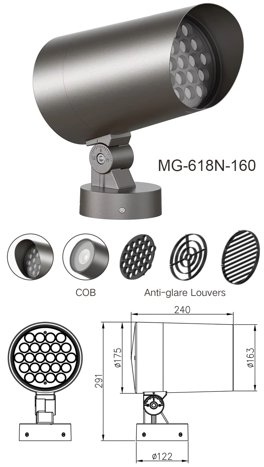 Bản vẽ kích thước chi tiết và thông số kỹ thuật đèn LED Project Flood Light MG-618N-160 chính hãng Moon Lighting