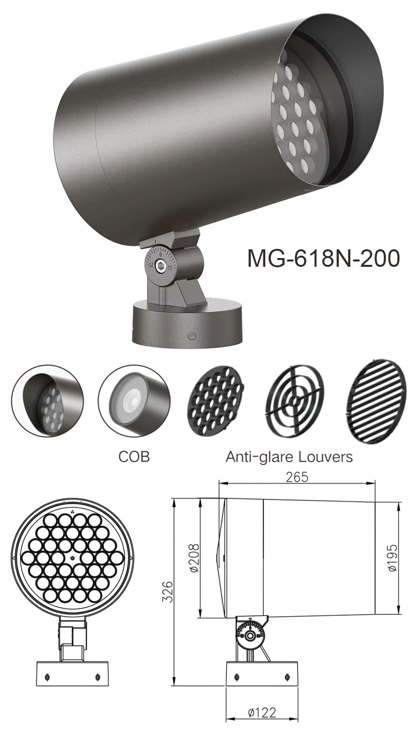 Bản vẽ kích thước chi tiết và thông số kỹ thuật đèn LED Project Flood Light MG-618N-200 chính hãng Moon Lighting