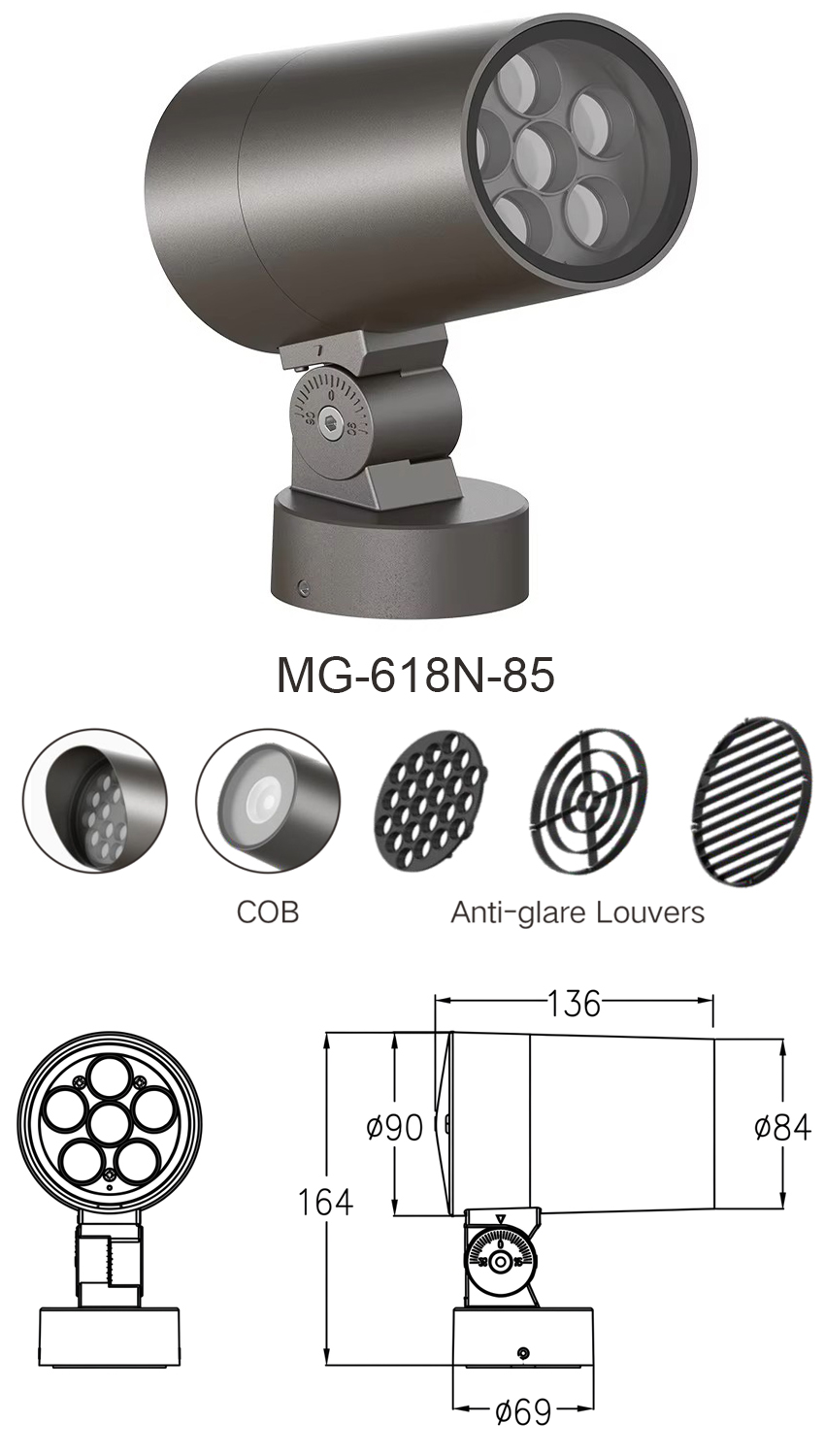 Bản vẽ kích thước chi tiết và thông số kỹ thuật đèn LED Project Flood Light MG-618N-85 chính hãng Moon Lighting