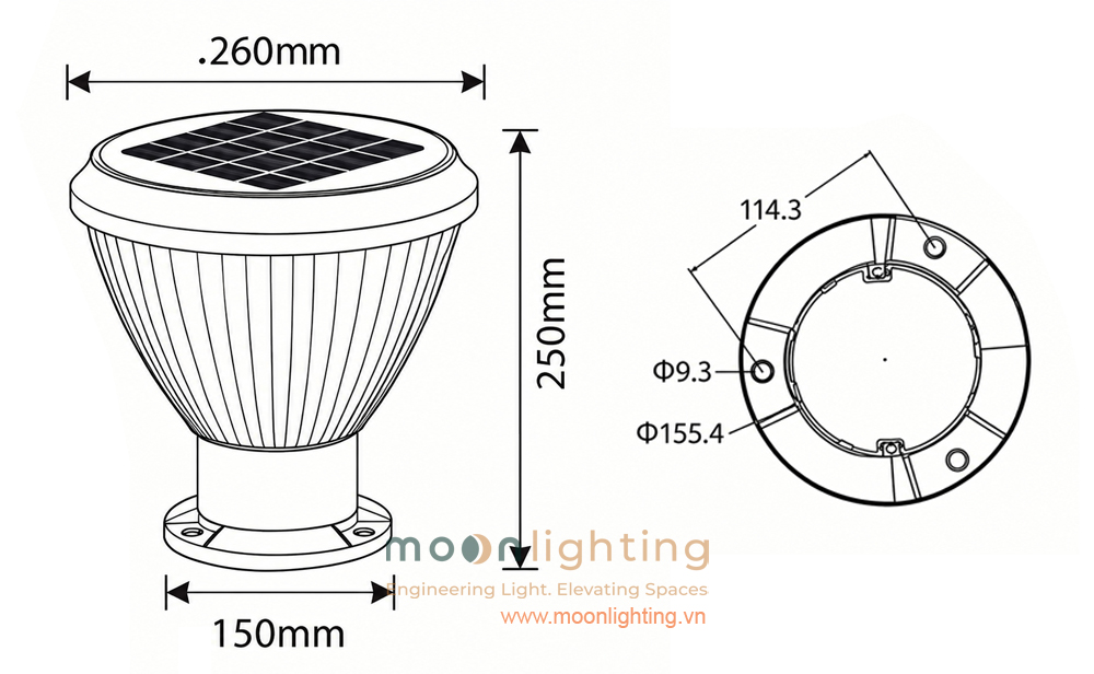 Bản vẽ kích thước chi tiết đường kính chao 260mm chiều cao 250mm chân đế 150mm thông số lỗ bắt vít của đèn trụ năng lượng mặt trời MG-SL1611 Moon Lighting