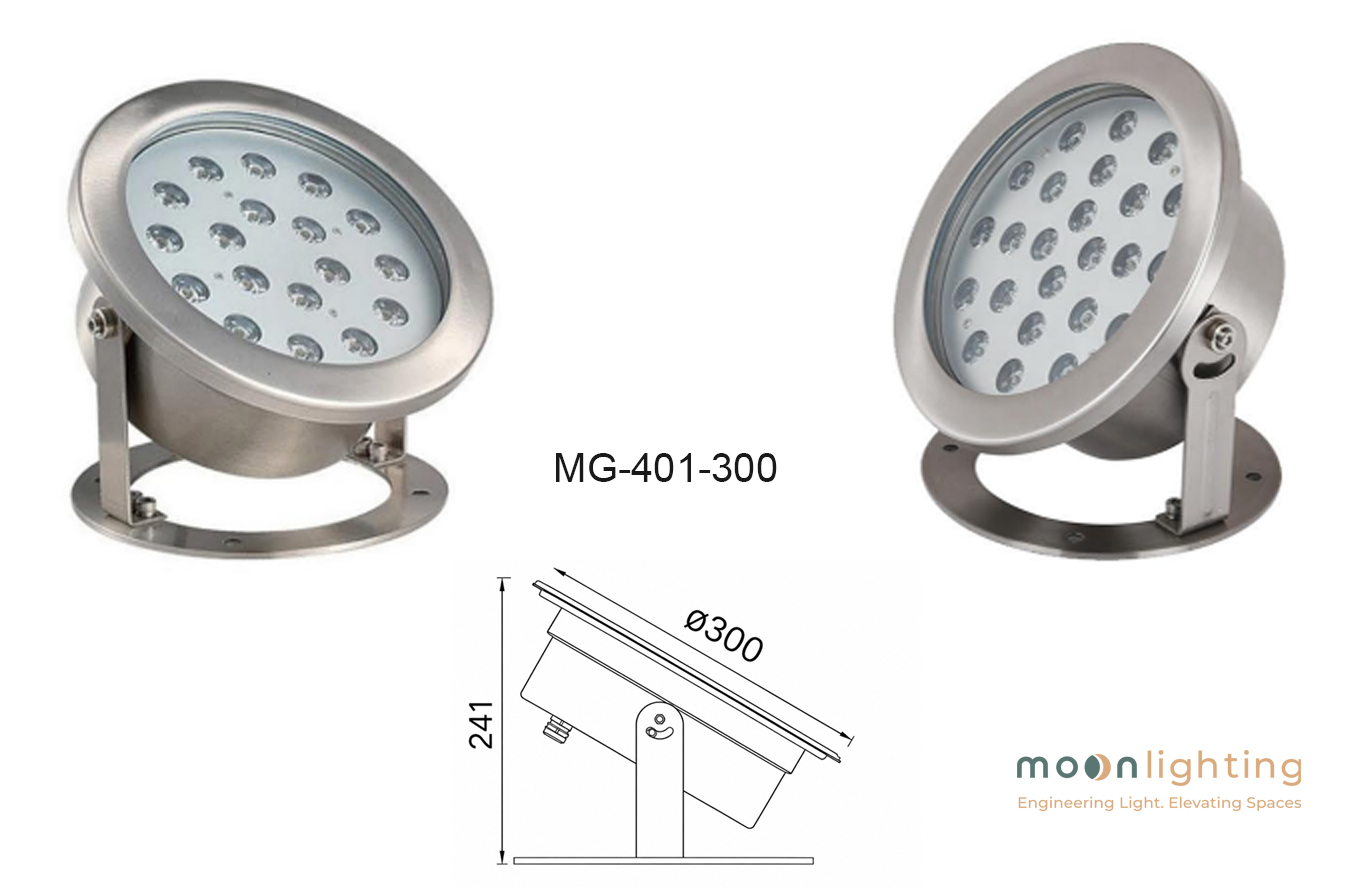 Thông số kỹ thuật bản vẽ kích thước D300 H241mm Đèn LED Âm Nước Có Đế MG-401-300-36W Moon Lighting