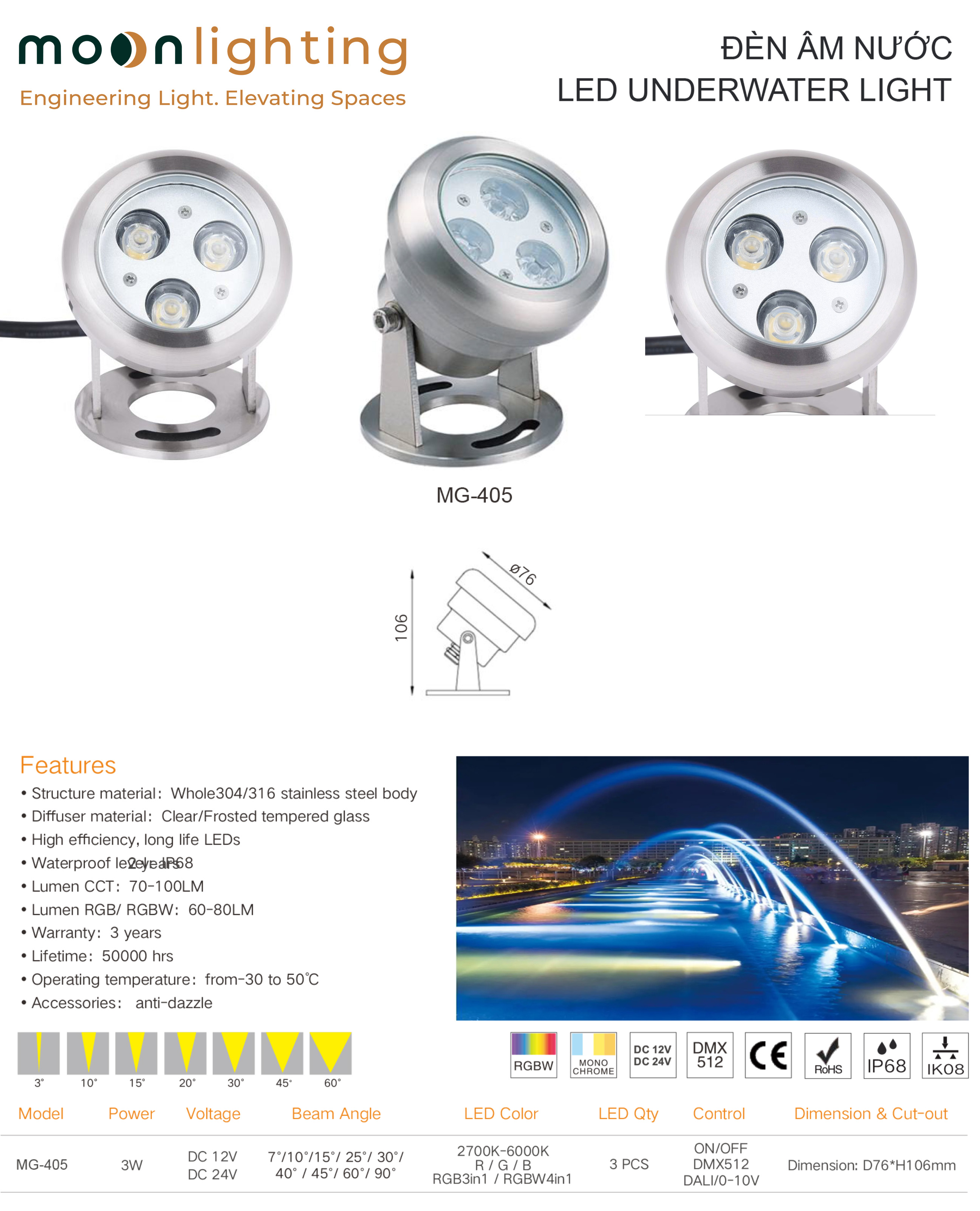 Thông số kỹ thuật bản vẽ kích thước D76 H106mm Đèn âm nước đế nổi MG-405 3W Moon Lighting