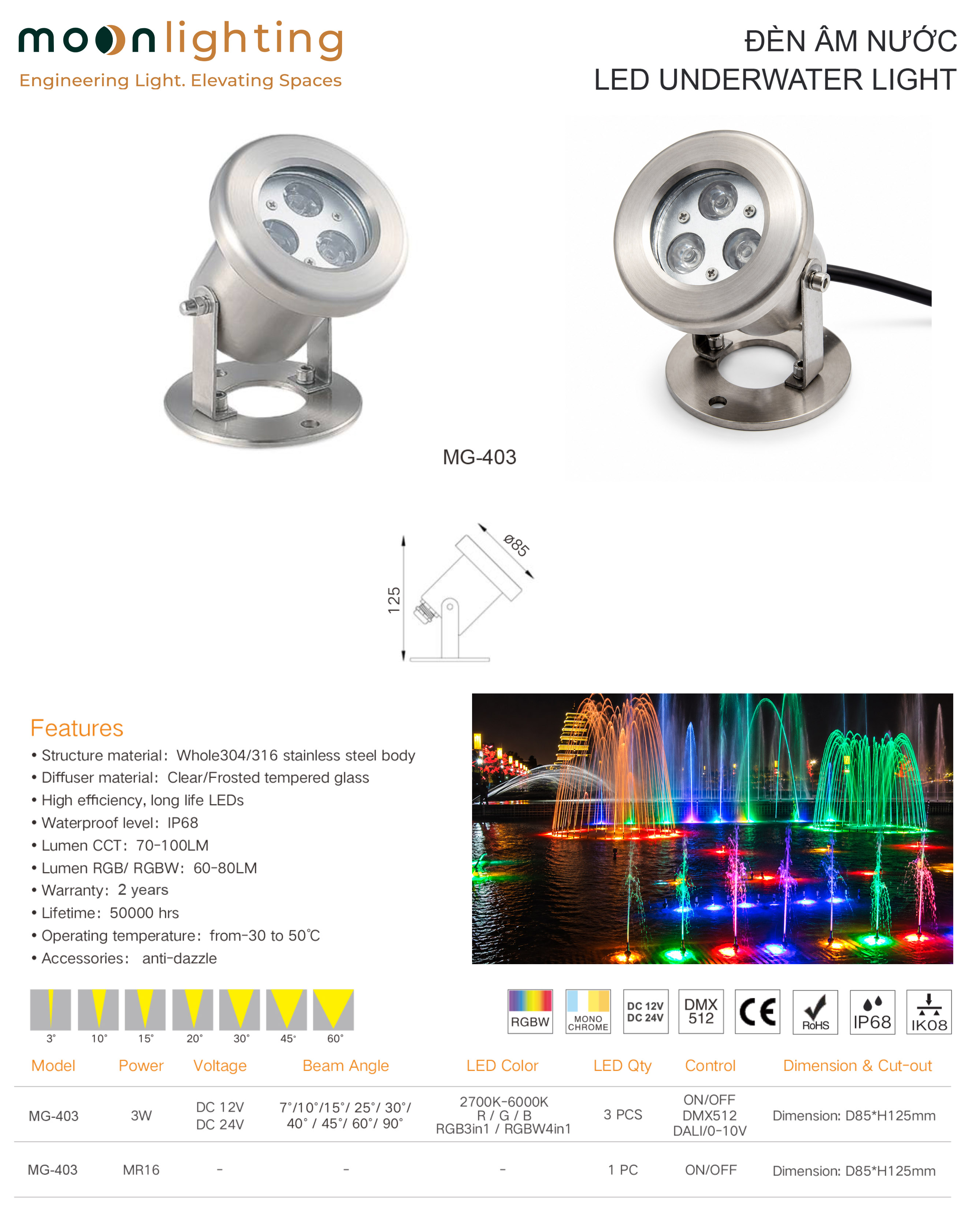 Thông số kỹ thuật bản vẽ kích thước D85 H125mm đui bóng MR16 đèn âm nước mini đế nổi MG-403 Series Moon Lighting