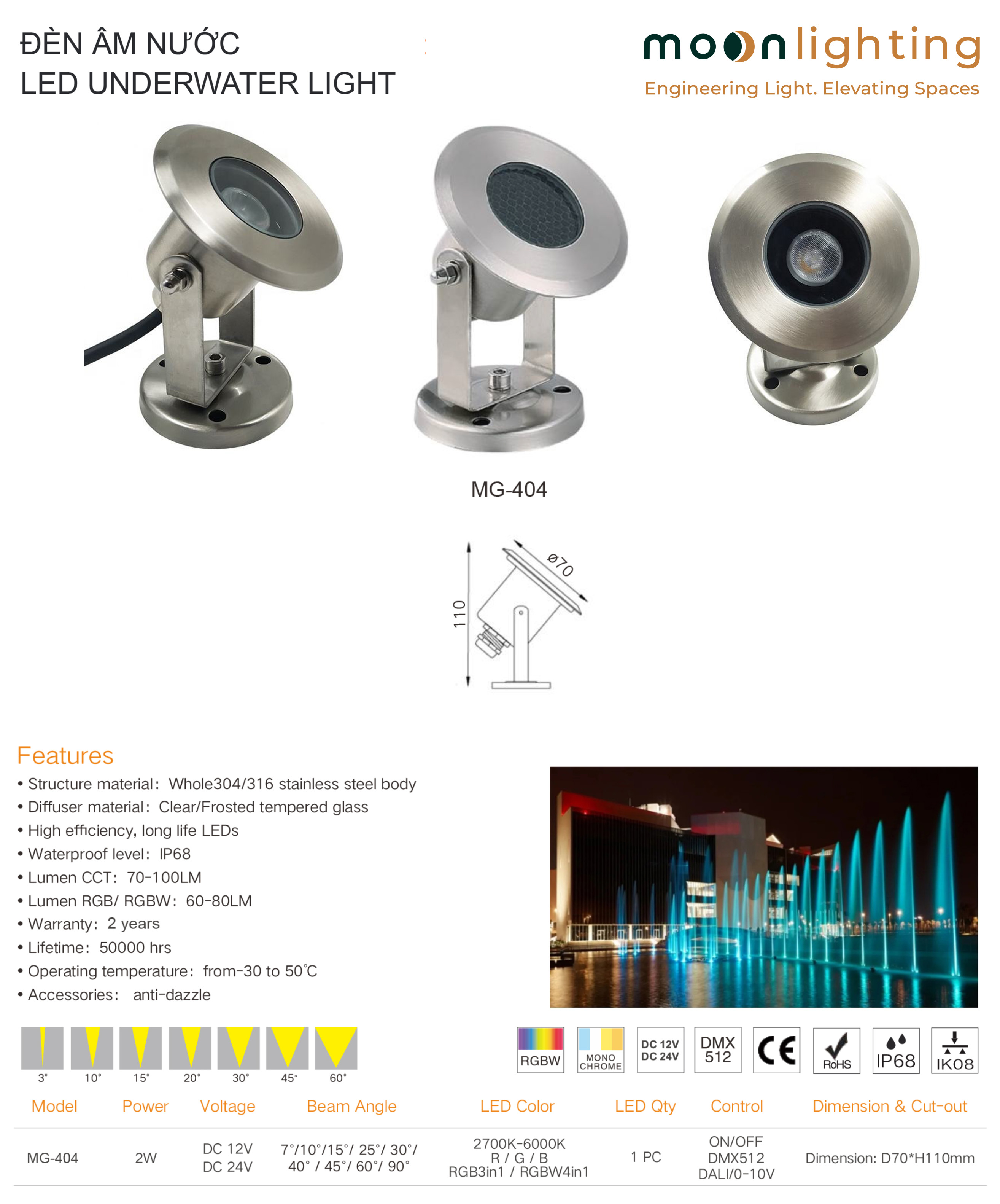 Bản vẽ kích thước D70 H110mm kỹ thuật Đèn âm nước mini đế nổi MG-404 Series 1W 2W Moon Lighting
