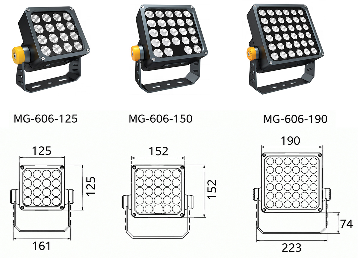 Bản vẽ kích thước mặt cắt chi tiết và thông số kỹ thuật tổng hợp các model MG-606-125, MG-606-150 và MG-606-190 thuộc dòng đèn LED Project Light rọi mặt tiền hình vuông mỏng cao cấp Moon Lighting