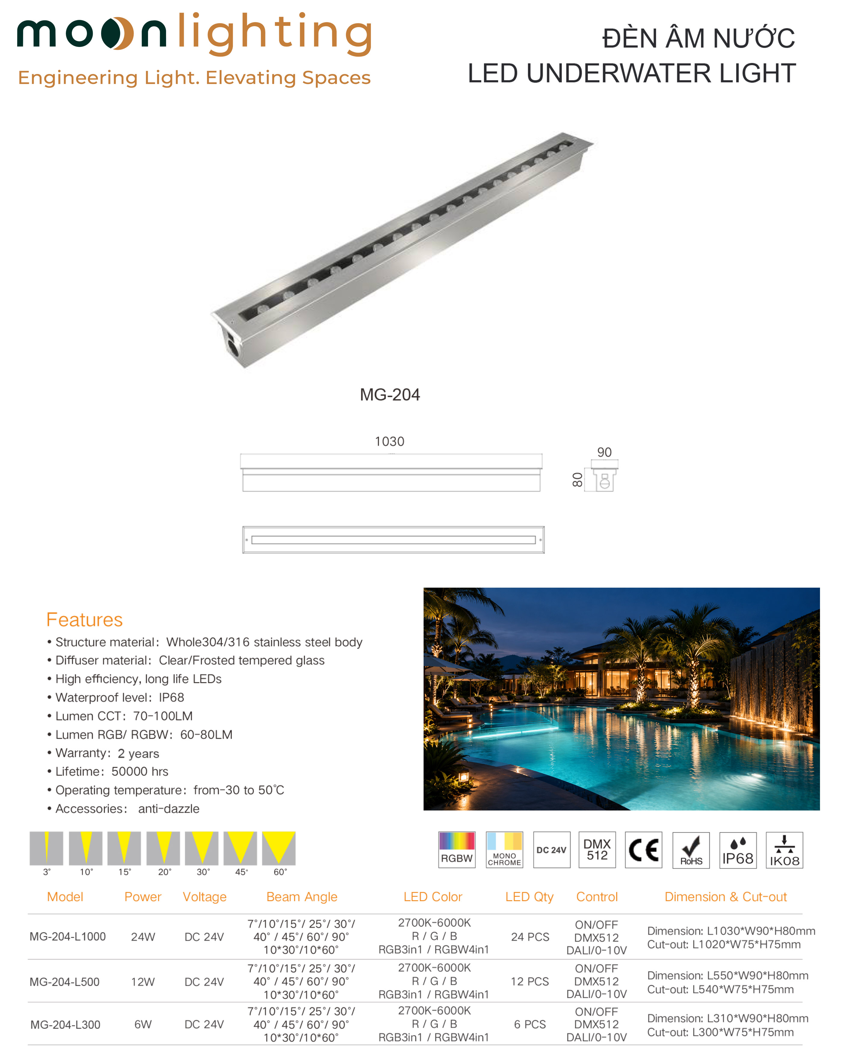Bản vẽ kích thước và thông số kỹ thuật Đèn LED thanh âm nước MG-204 Series Moon Lighting