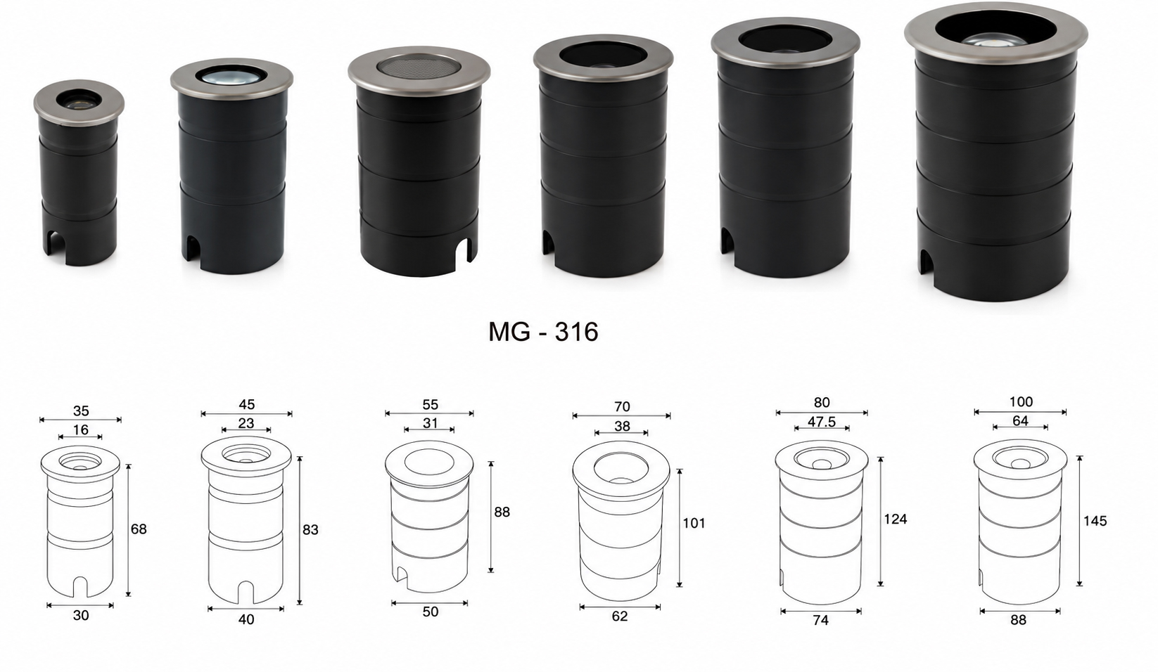 Bảng bản vẽ kỹ thuật và thông số đường kính lỗ chờ lắp đặt đèn âm đất siêu nhỏ MG-316 Series