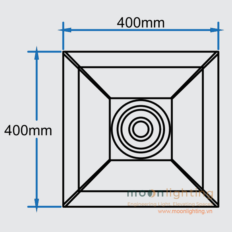 Bản vẽ mặt bằng kích thước vuông 400mm x 400mm đầu đèn cột sân vườn Đại Tứ Phương MG-SL017 AC220V Moon Lighting