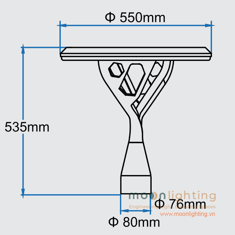 Bản vẽ mặt cắt chiều cao 535mm và khớp nối cổ cắm 76mm 80mm đầu đèn cột sân vườn MG-SL014 Moon Lighting