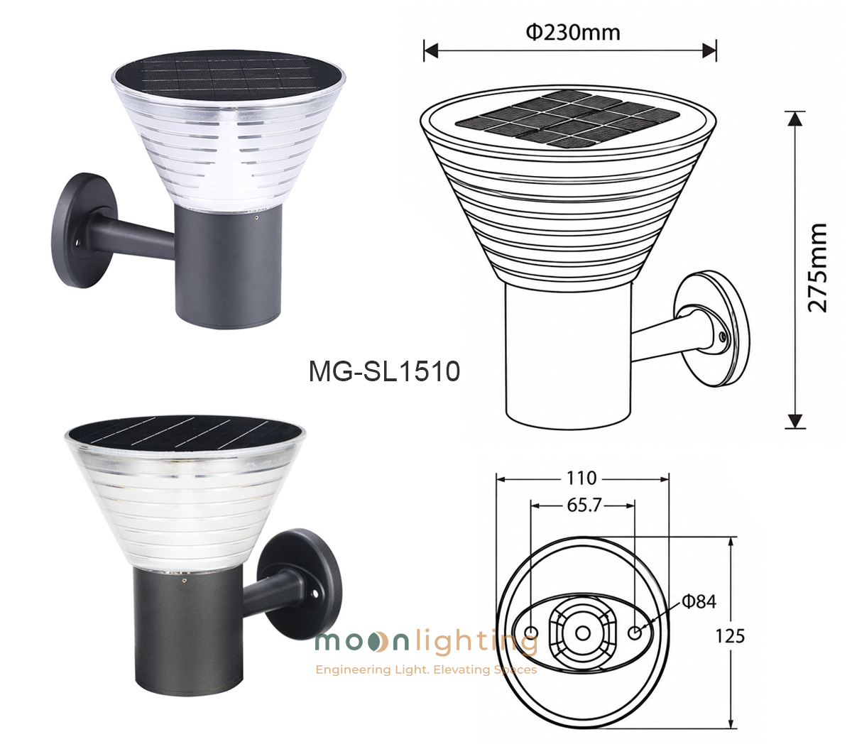 Bản vẽ thông số kỹ thuật chi tiết chiều cao 275mm đường kính chao 230mm kích thước đĩa gắn tường 125x110mm của đèn gắn tường năng lượng mặt trời MG-SL1510 Moon Lighting