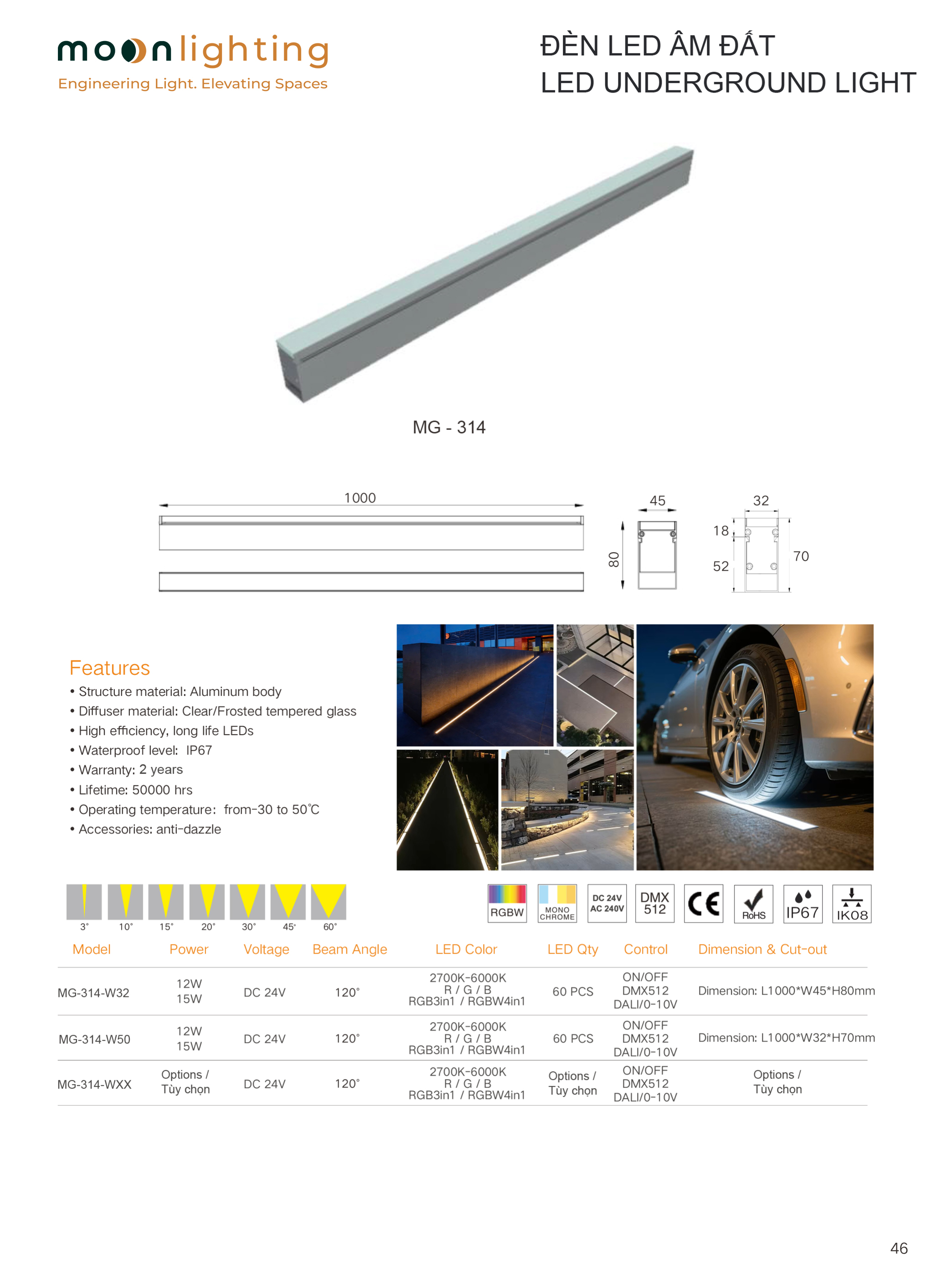 Bản vẽ kích thước chi tiết máng định hình nhôm âm sàn L1000 W32 W45 W60 H70-90mm Đèn LED thanh âm sàn MG-314 Series