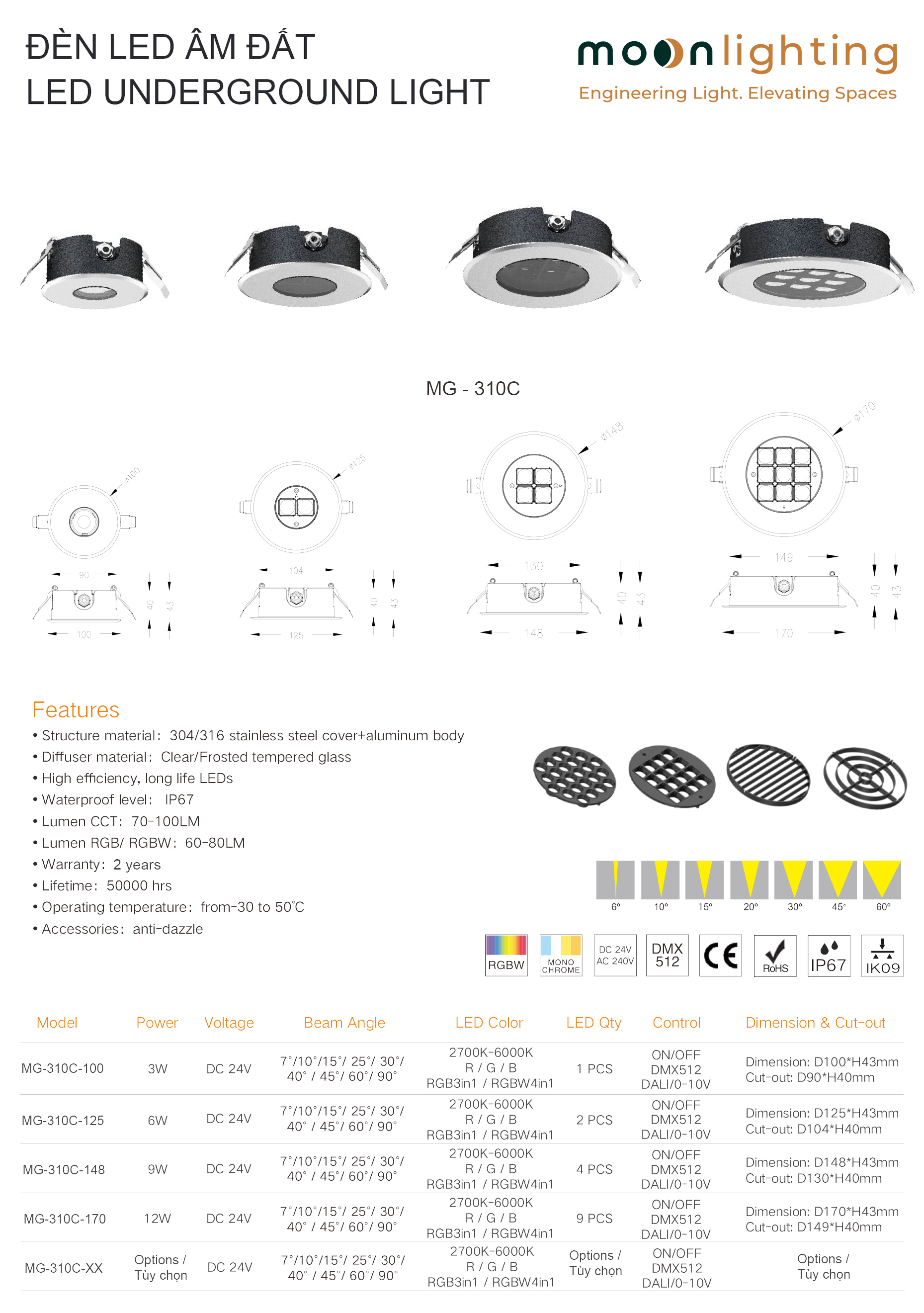 Bản vẽ kích thước và bảng thông số kỹ thuật đèn LED âm đất siêu mỏng MG-310C Series Moon Lighting