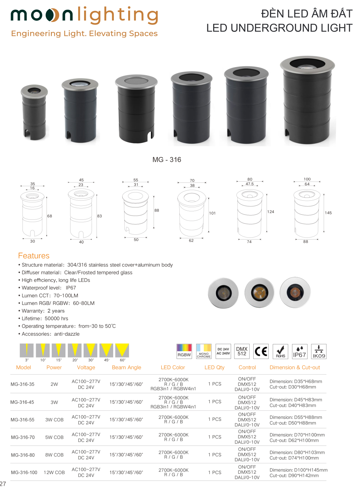 Bảng thông số kỹ thuật bản vẽ kích thước đèn LED âm đất siêu nhỏ MG-316 Series Moon Lighting công suất 2W đến 12W IP67 DC24V