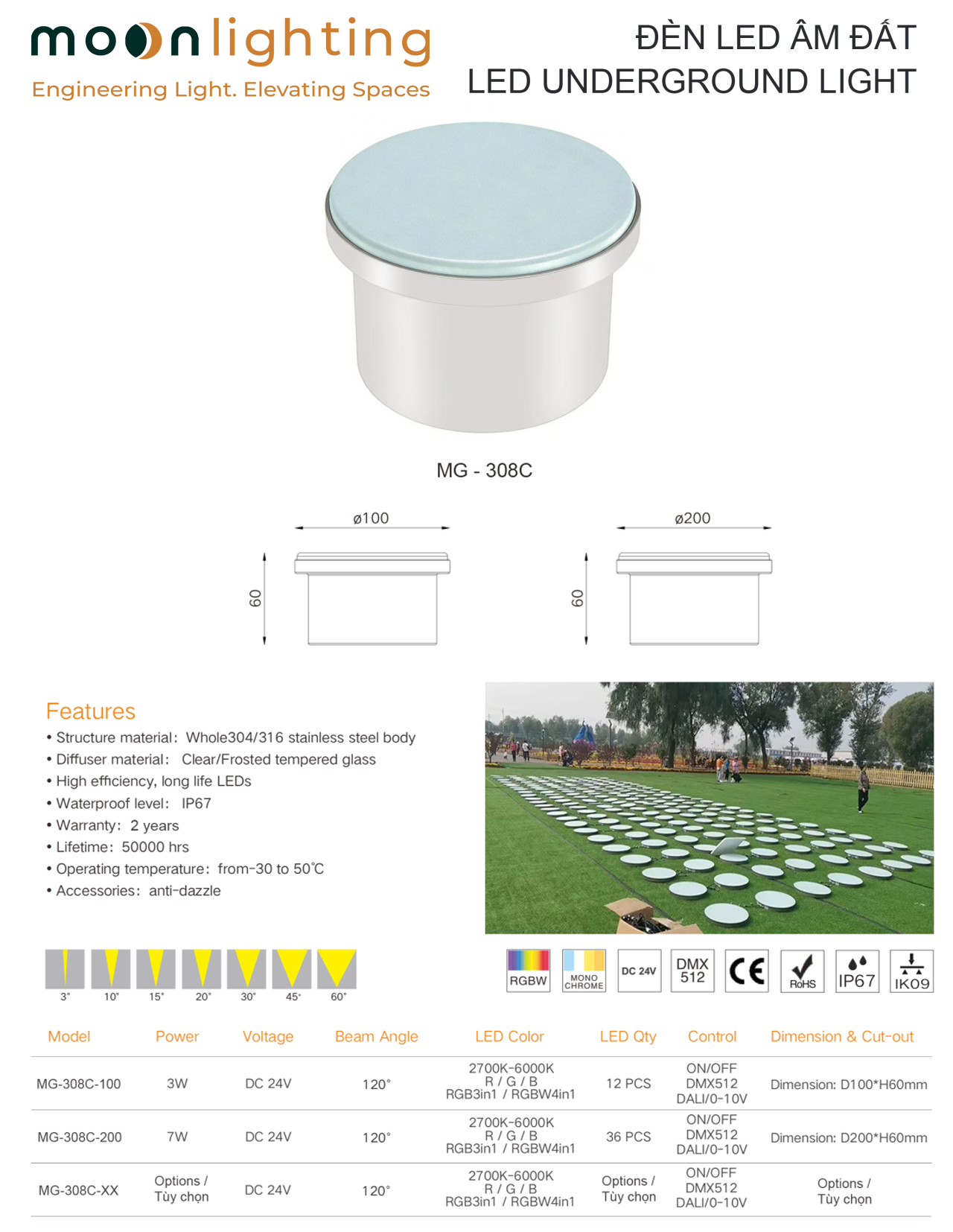Bản vẽ kích thước kỹ thuật D100mm D200mm và sơ đồ mặt cắt hố âm đúc đèn gạch tròn âm đất MG-308C Series