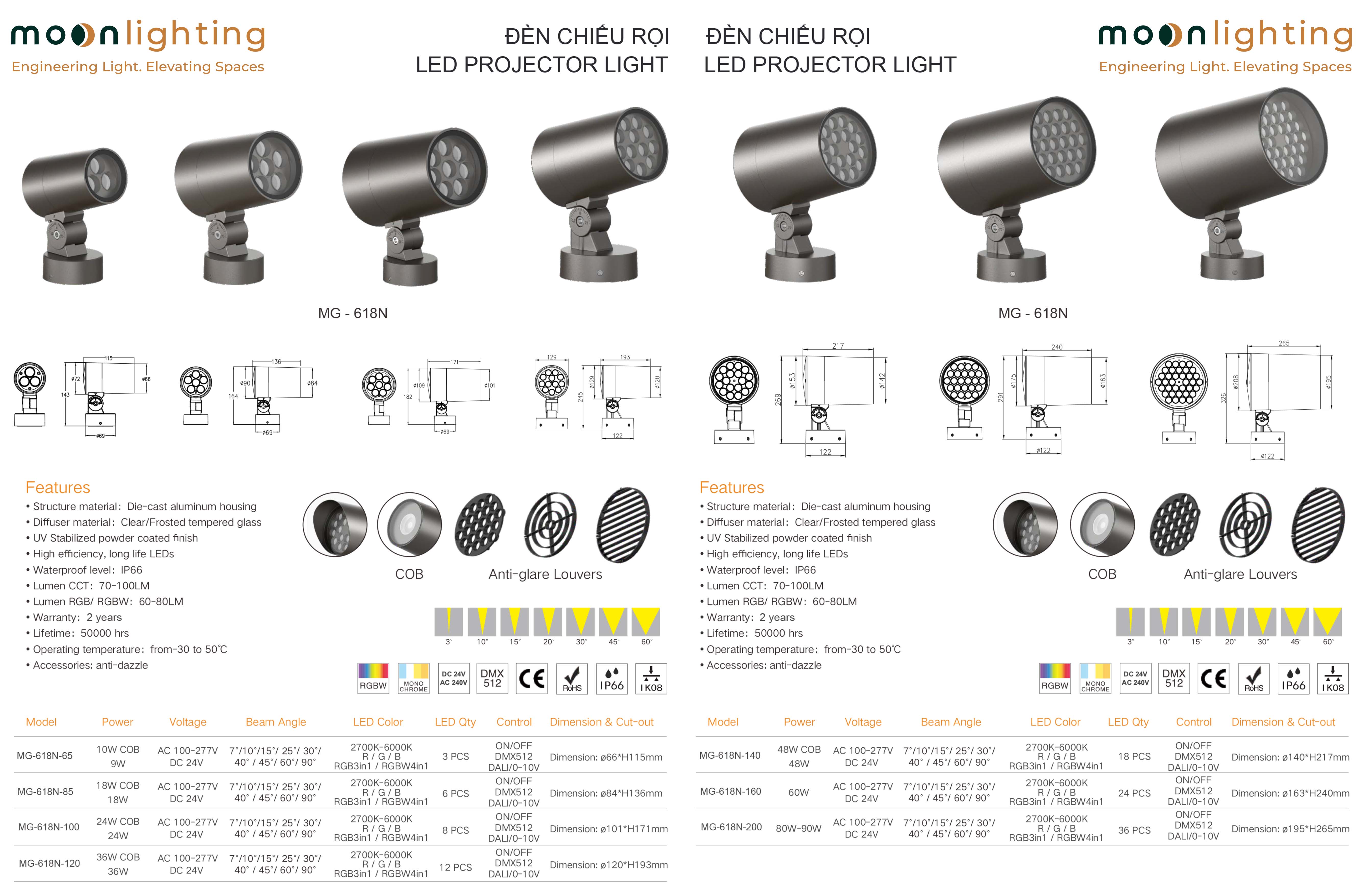 Bảng thông số kỹ thuật tổng hợp, bản vẽ kích thước chi tiết, quy cách chóa phản quang COB, lưới chống lóa Anti-glare Louver và dải công suất 9W đến 90W thuộc dòng đèn LED chiếu rọi cảnh quan MG-618N Series chính hãng Moon Lighting