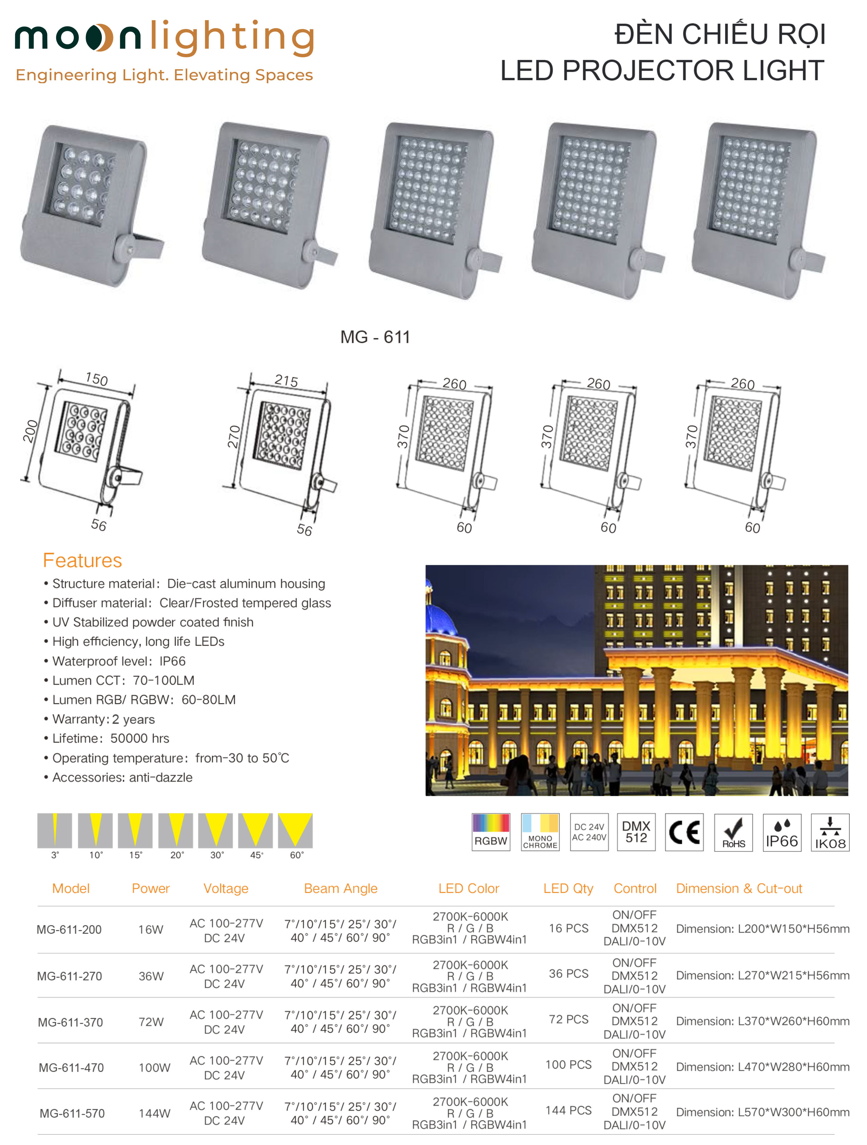 Bảng thông số kỹ thuật, bản vẽ kích thước chi tiết, dải công suất từ 16W đến 144W, góc chiếu beam angle và tiêu chuẩn kháng nước IP66 của dòng đèn LED Project Light MG-611 Series chính hãng Moon Lighting