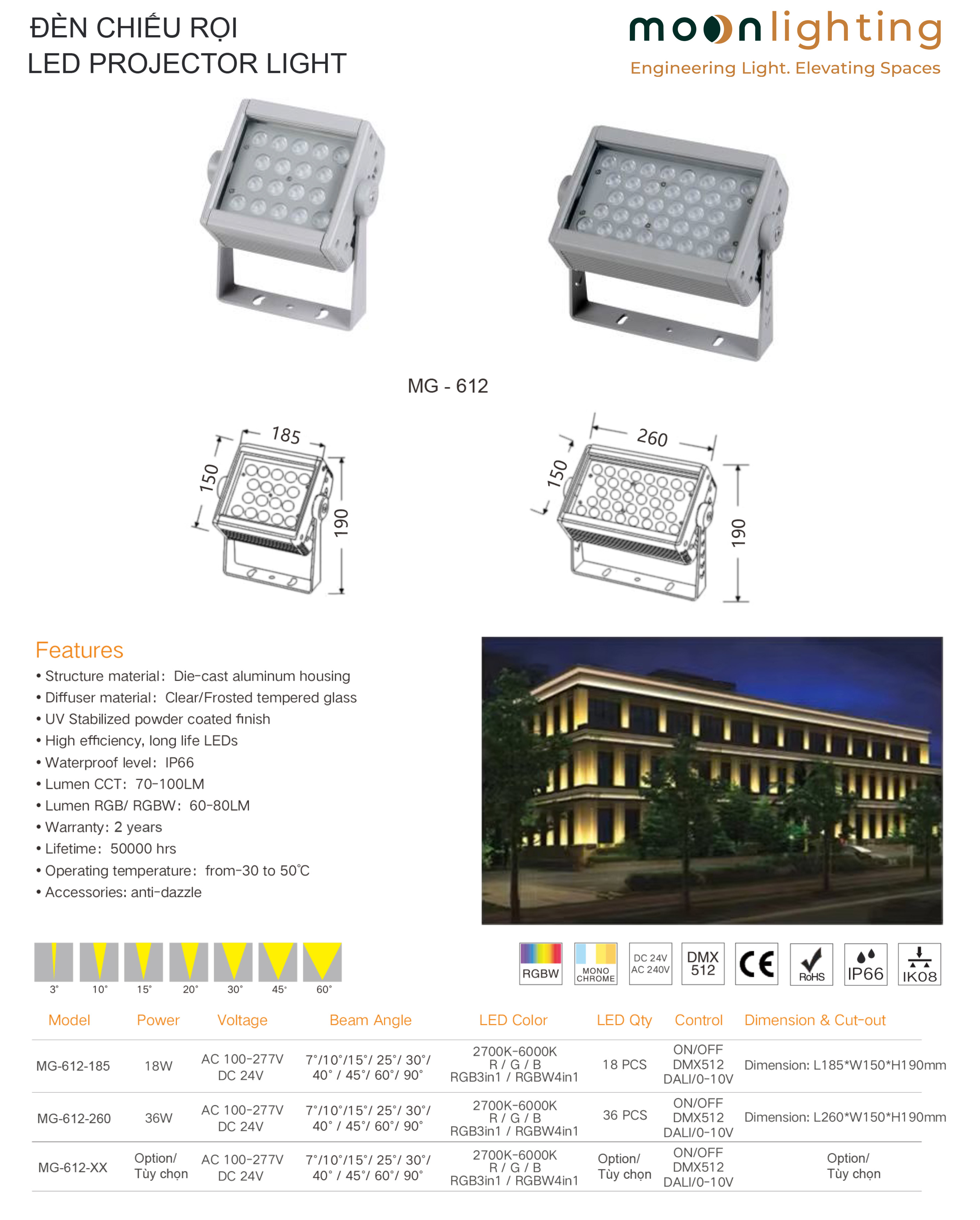 Bảng thông số kỹ thuật, bản vẽ kích thước chi tiết (185mm, 260mm), công suất (18W, 36W), dải góc chiếu (3° đến 60°), điện áp DC24V/AC100-277V và chuẩn chống nước IP66 của dòng đèn chiếu rọi LED Project Light MG-612 Series chính hãng Moon Lighting