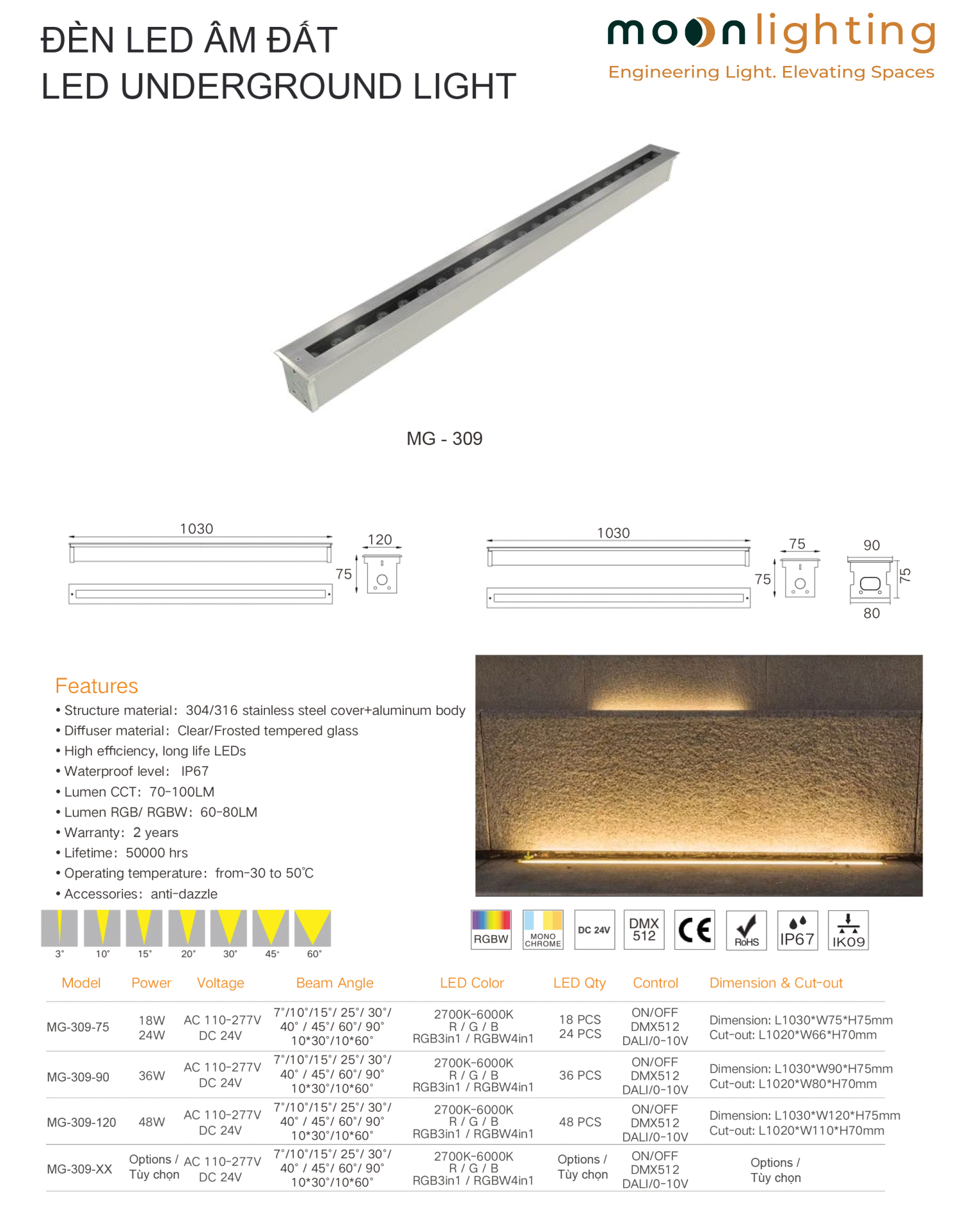 Bản vẽ kích thước và cấu tạo kỹ thuật chi tiết đèn LED thanh âm đất MG-309 Series