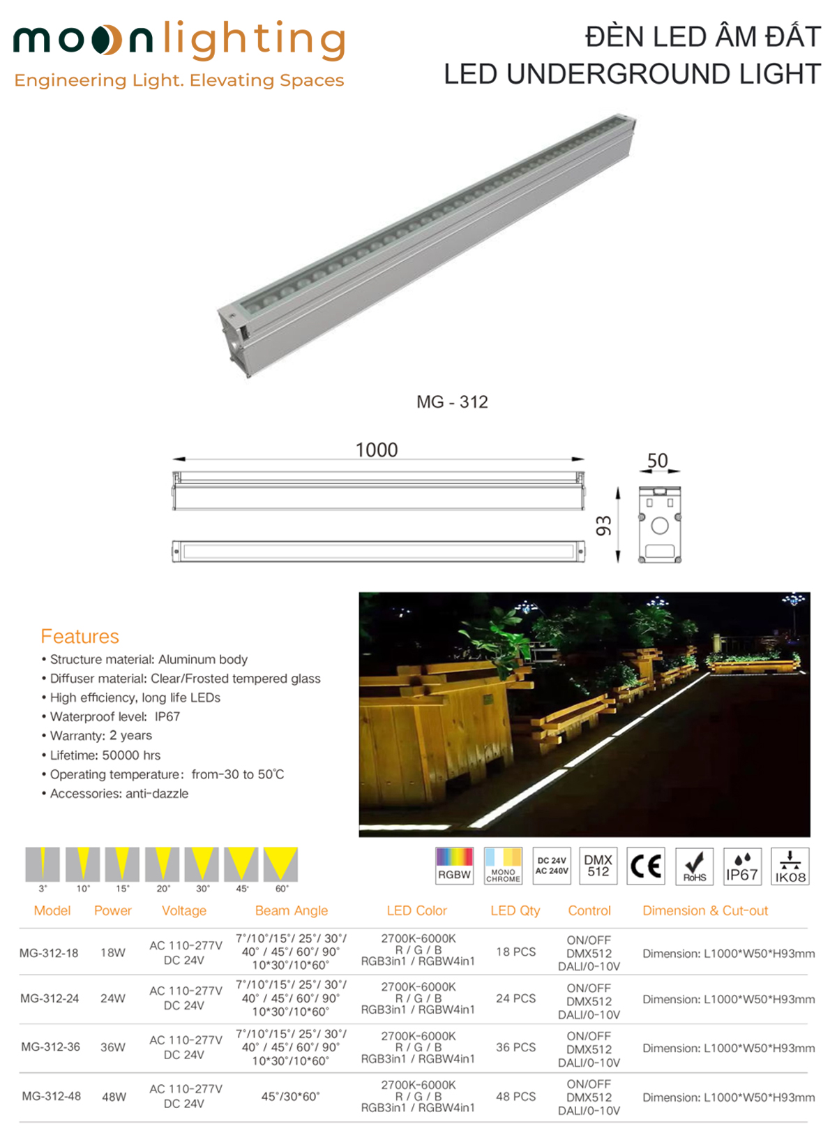 Bản vẽ kích thước kỹ thuật L1000W50H93mm và mặt cắt âm đất MG-312 Series