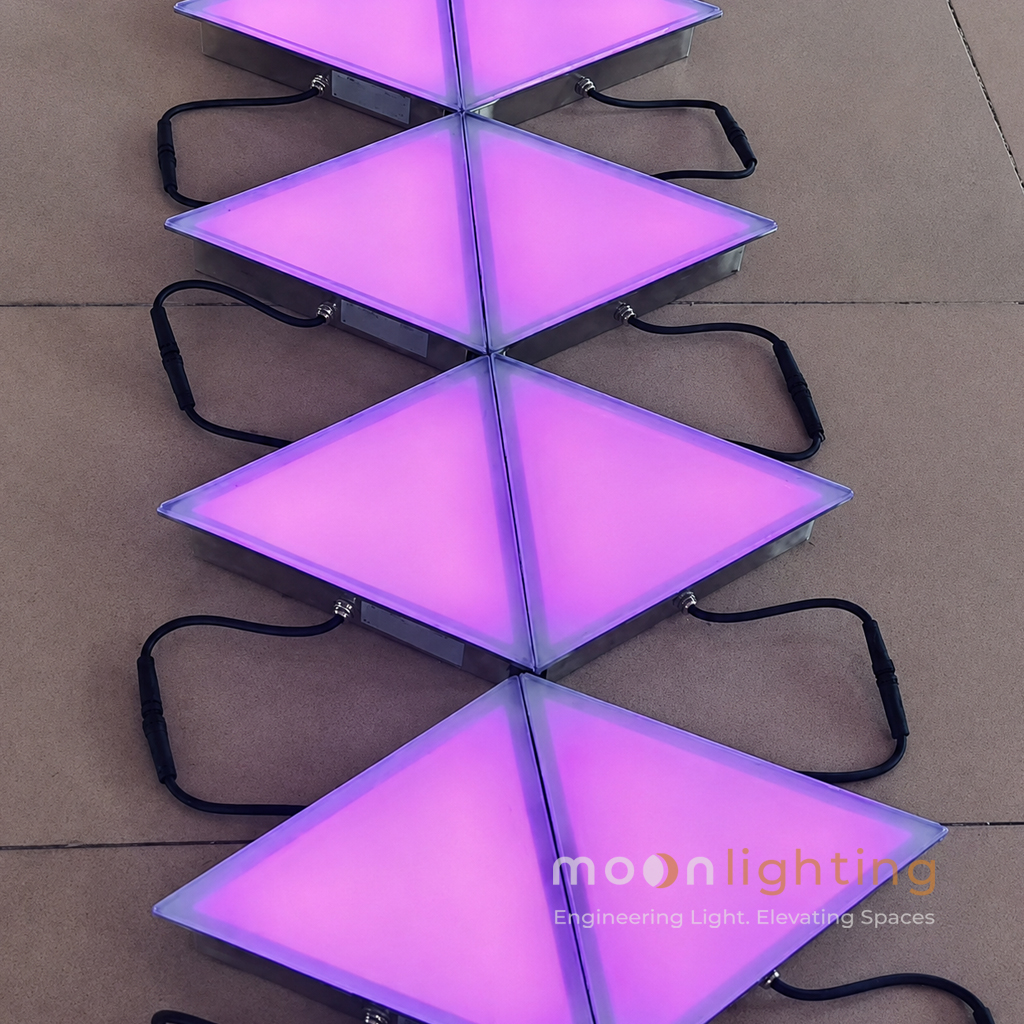Ghép nối ma trận hình thoi gạch tam giác âm sàn MG-308T đổi màu RGB phát sáng hiệu ứng hồng tím