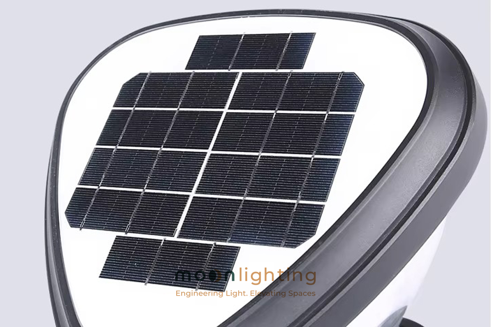 Tấm pin thu năng lượng mặt trời Mono đèn gắn tường MG-SL1805 Cận cảnh bề mặt tấm pin năng lượng mặt trời Mono 5V/4.5W đơn tinh thể sạc nhanh hình tam giác trên đỉnh đèn gắn tường MG-SL1805 Moon Lighting