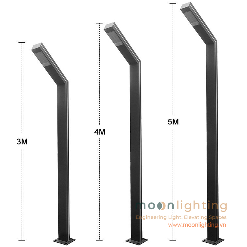Thông số chiều cao tiêu chuẩn 3m 4m 5m của đèn cột sân vườn năng lượng mặt trời MG-SL018 dáng số 7 Moon Lighting