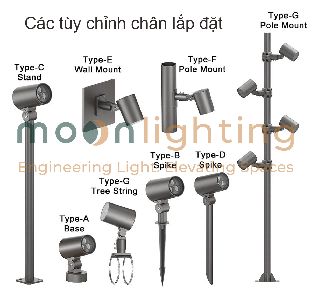 Sơ đồ tổng hợp các tùy chỉnh chân đế lắp đặt đèn LED pha chiếu rọi cây MG-618N Series gồm chân đế bắt sàn Type-A Base, chân cắm cỏ Type-B Spike, Type-D Spike, chân cọc đứng Type-C Stand, gá tường Type-E Wall Mount, gá cột Type-F Pole Mount, gá cột đa điểm Type-G Pole Mount và dây đai ôm thân cây Type-G Tree String chính hãng Moon Lighting