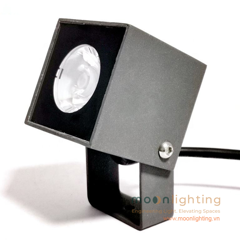 Hình ảnh thực tế góc nhìn nghiêng đèn LED chiếu cột kiến trúc siêu nhỏ gọn MG-609-65 công suất 5W COB với quai gá chân đế nhôm đúc chính hãng Moon Lighting