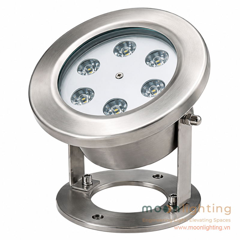 Cận cảnh bề mặt thực tế sản phẩm Đèn LED Âm Nước Có Đế MG-401-135-6W Inox 304 316 phay mờ kính cường lực IK10 Moon Lighting