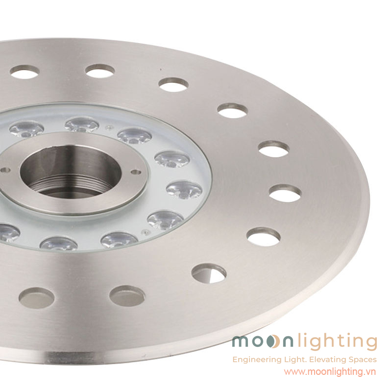 Cận cảnh bề mặt Inox 304/316 chống ăn mòn của đèn LED âm nước bánh xe MG-503B Series Moon Lighting